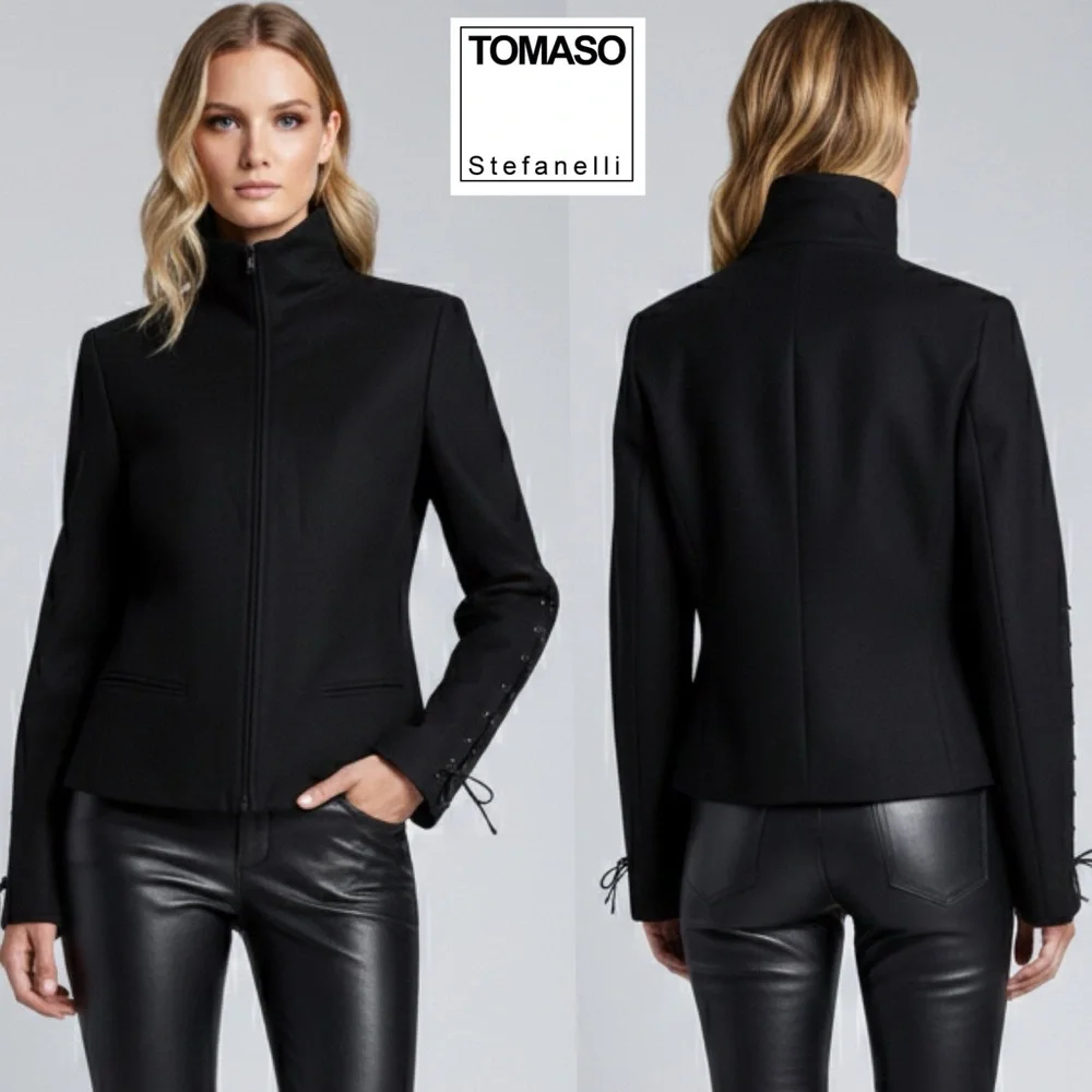 TOMASO Stefanelli Black Wool Cashmere Peacoat Lace-Up Sleeve Designer Jacket M - Picture 2 of 16